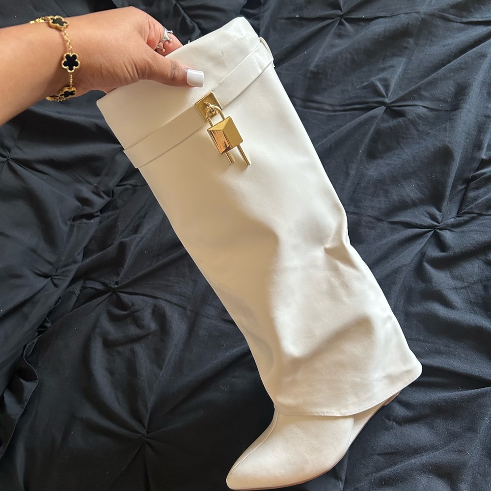 White Leather Knee-High Boot with Gold Accent